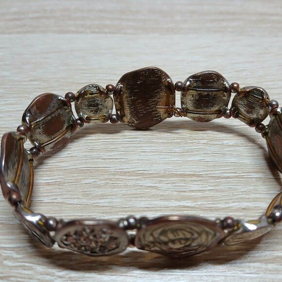Vintage Bronze Tone Brown Flat Bead Stretch Bracelet Cuff #27 - Picture 12 of 13